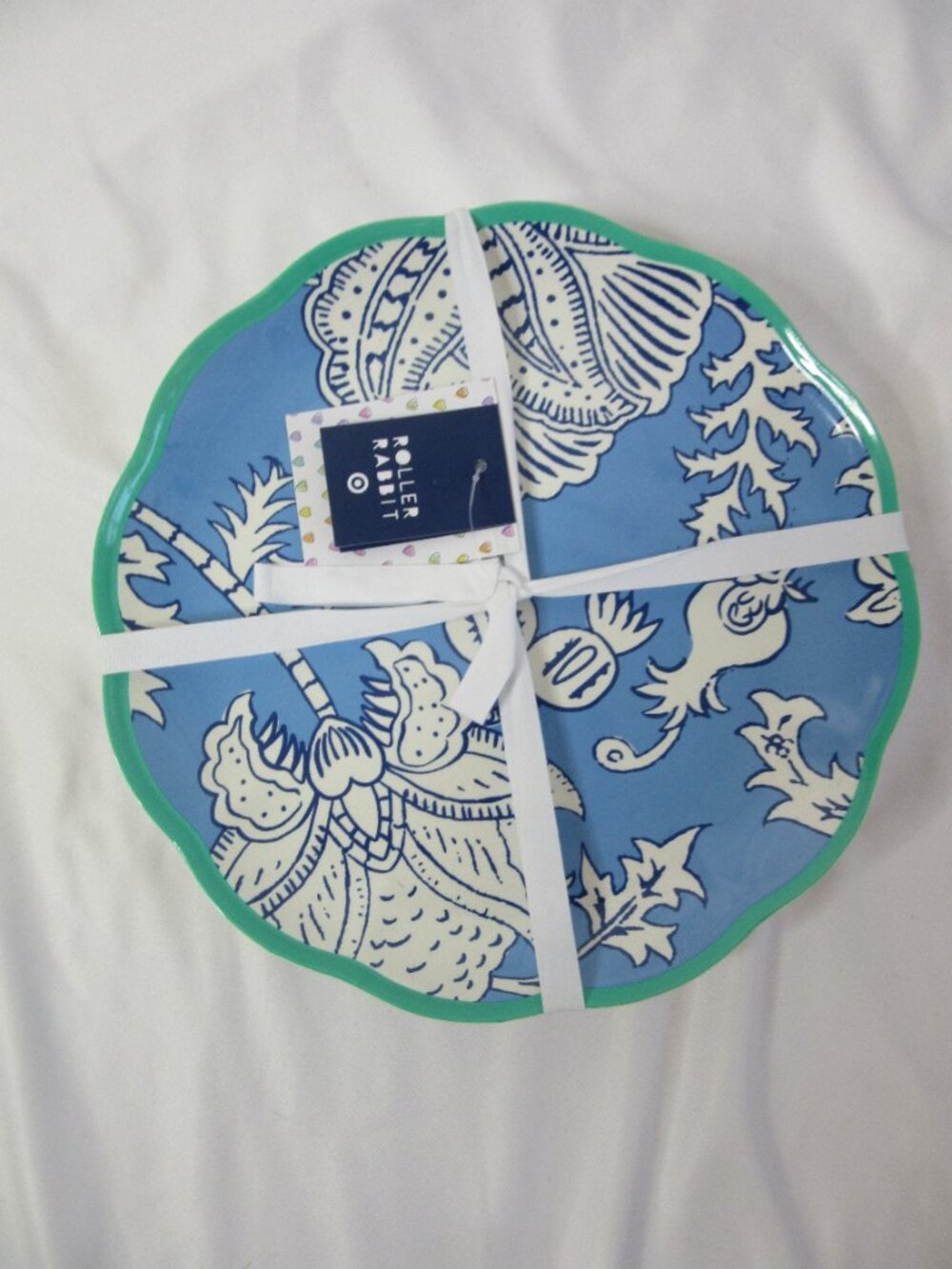 Roller Rabbit 11" Dinner Plates Melamine Dinnerware Blue Green Set of 4 NWT